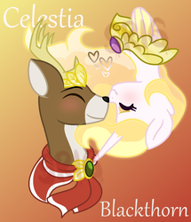 Size: 1049x1221 | Tagged: safe, artist:superrosey16, blackthorn, princess celestia, deer, pony, g4, alternate hairstyle, celesthorn, female, interspecies, male, shipping, straight