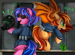Size: 3509x2550 | Tagged: safe, artist:pridark, oc, oc only, bat pony, fallout equestria, angry, bat pony oc, clothes, commission, crossover, exclamation point, fallout, helmet, high res, kelp, locker room, open mouth, question mark, sunglasses, video game crossover