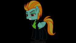 Size: 3840x2160 | Tagged: safe, artist:xlightningnovax, lightning dust, pegasus, pony, g4, angry, black background, clothes, furious, gritted teeth, high res, lidded eyes, looking at you, simple background, solo, teeth, unamused, uniform, washouts uniform