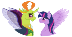 Size: 1280x661 | Tagged: safe, artist:devonshirefury, thorax, twilight sparkle, alicorn, changedling, changeling, pony, g4, antlers, blushing, female, king thorax, male, shipping, smiling, straight, twilight sparkle (alicorn), twirax