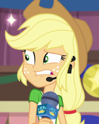 Size: 863x1078 | Tagged: safe, screencap, applejack, best in show: the victory lap, equestria girls, g4, my little pony equestria girls: better together, cropped, female, grossed out, microphone, solo