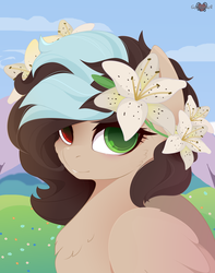 Size: 3000x3800 | Tagged: safe, artist:xsatanielx, oc, oc only, pegasus, pony, rcf community, bust, commission, female, flower, flower in hair, heterochromia, high res, mare, portrait, solo