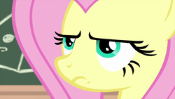 Size: 1280x720 | Tagged: safe, screencap, fluttershy, pegasus, pony, g4, interseason shorts, teacher of the month (episode), chalkboard, close-up, female, mare, serious, serious face, solo, wallpaper