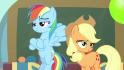 Size: 1920x1080 | Tagged: safe, screencap, applejack, rainbow dash, pony, g4, interseason shorts, teacher of the month (episode), chalkboard, legs together