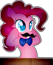 Size: 1444x1781 | Tagged: safe, artist:rachelclaradrawz, pinkie pie, earth pony, pony, g4, bowtie, fake moustache, female, simple background, solo, transparent background