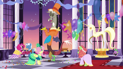 Size: 1920x1080 | Tagged: safe, screencap, discord, fluttershy, pinkie pie, pokey pierce, spike, tree hugger, g4, make new friends but keep discord, clothes, dress, funny background event, gala dress, grand galloping gala, implied shipping, shrug