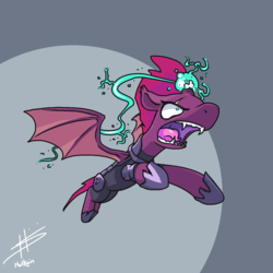 Size: 1280x1280 | Tagged: safe, artist:hotkoin, tempest shadow, alicorn, bat pony, bat pony alicorn, pony, g4, angry, armor, bat ponified, eye scar, fangs, female, flying, hoof shoes, magic, mare, open mouth, race swap, scar, solo