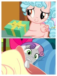 Size: 3106x4096 | Tagged: safe, edit, edited screencap, screencap, cozy glow, sweetie belle, pegasus, pony, g4, school raze, somepony to watch over me, apple bloom's bow, bed, bow, duo, faux horrifying, female, filly, hair bow, pillow, present, scared, sweetie belle's nightmare