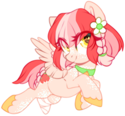 Size: 900x834 | Tagged: safe, artist:cabbage-arts, oc, oc only, oc:baby cakes, pegasus, pony, amputee, braid, commission, commissioner:batbrony, female, flower, flying, looking at you, mare, pegasus oc, smiling, solo