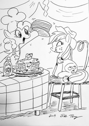 Size: 2736x3853 | Tagged: safe, artist:debmervin, applejack, pinkie pie, pony, g4, chef's hat, eating, food, hat, high res, monochrome, pancakes, traditional art