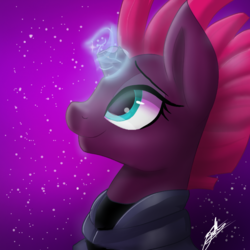 Size: 768x768 | Tagged: safe, artist:sweetkllrvane, tempest shadow, pony, unicorn, g4, armor, broken horn, bust, female, glowing horn, horn, looking up, magic, mare, night, profile, smiling, solo, stars