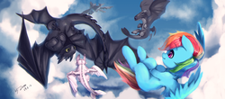 Size: 4920x2160 | Tagged: safe, artist:theprince, rainbow dash, dragon, light fury, night fury, pegasus, pony, g4, cloud, crossover, cute, dashabetes, dreamworks, female, flying, four wings, high res, how to train your dragon, how to train your dragon 3, mare, multiple wings, sky, spoilers for another series, toothless the dragon, wings