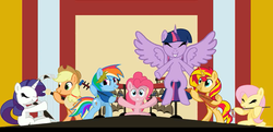Size: 1366x662 | Tagged: safe, applejack, fluttershy, pinkie pie, rainbow dash, rarity, sunset shimmer, twilight sparkle, alicorn, pony, g4, band, bell, chinese, excited, flute, flying, harp, lyre, mane six, musical instrument, orchestra, spread wings, twilight sparkle (alicorn), wings, xd