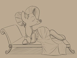 Size: 2000x1500 | Tagged: safe, artist:alloco, rarity, pony, g4, alternate hairstyle, clothes, dress, eyes closed, fainting couch, female, mare, monochrome, on side, simple background, solo