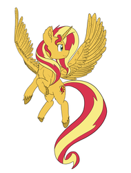 Size: 1000x1318 | Tagged: safe, artist:alloco, sunset shimmer, alicorn, pony, g4, alicornified, female, flying, large wings, mare, race swap, shimmercorn, simple background, solo, unshorn fetlocks, white background, wings