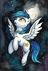 Size: 897x1341 | Tagged: safe, artist:dracontiar, oc, oc only, pegasus, pony, female, flying, looking up, mare, moon, night, open mouth, sky, solo, spread wings, stars, traditional art, wings