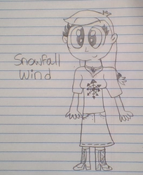 Size: 525x643 | Tagged: safe, artist:nightshadowmlp, oc, oc only, oc:snowfall wind, equestria girls, equestria girls series, g4, boots, clothes, jewelry, lined paper, necklace, shirt, shoes, skirt, smiling, text, traditional art