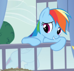 Size: 666x642 | Tagged: safe, screencap, rainbow dash, pegasus, pony, g4, spike at your service, cropped, cute, dashabetes, female, leaning, mare, smiling, window
