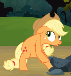 Size: 817x878 | Tagged: safe, screencap, applejack, earth pony, pony, g4, spike at your service, belly, bipedal, cropped, cutie mark, female, floppy ears, freckles, looking up, mare, open mouth, pulling, rock, solo, stuck