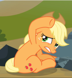 Size: 875x944 | Tagged: safe, screencap, applejack, earth pony, pony, g4, spike at your service, cropped, fear, female, freckles, lidded eyes, mare, scared, sitting, solo, teeth, underhoof