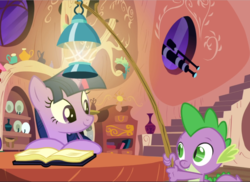 Size: 1289x940 | Tagged: safe, screencap, spike, twilight sparkle, dragon, firefly (insect), insect, pony, unicorn, g4, spike at your service, book, cropped, duo, female, firefly lamp, golden oaks library, helping, lantern, looking at each other, male, mare, reading, telescope, unicorn twilight