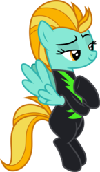 Size: 3000x5162 | Tagged: safe, artist:cloudy glow, lightning dust, pegasus, pony, g4, the washouts (episode), .ai available, clothes, crossed hooves, female, flying, high res, mare, raised eyebrow, simple background, smug, solo, transparent background, underhoof, uniform, vector, washouts uniform