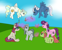 Size: 2738x2190 | Tagged: safe, artist:tinktink-yt, marble pie, moondancer, night glider, sugar belle, tree hugger, vapor trail, earth pony, pony, g4, alternate mane six, alternate universe, elements of harmony, high res