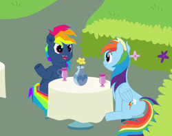 Size: 349x276 | Tagged: safe, artist:onil innarin, rainbow dash, demon pony, pegasus, pony, g4, secrets and pies, adorapiehater, bush, cute, cute little fangs, dashabetes, duality, evil pie hater dash, fangs, female, flower, happy, lesbian, mare, rainbowhater, raised hoof, requested art, self ponidox, selfcest, shipping, smiling, table, talking, vase, wip