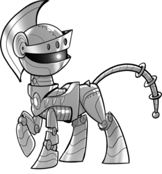 Size: 2371x2546 | Tagged: safe, artist:fimflamfilosophy, oc, oc only, pony, robot, robot pony, buck legacy, armor, black and white, card art, grayscale, high res, knight, monochrome, simple background, solo, transparent background