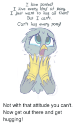 Size: 500x779 | Tagged: safe, artist:heir-of-rick, edit, gabby, griffon, g4, can't hug every cat, crying, cute, dialogue, female, gabbybetes, simple background, solo, text, white background