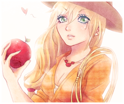 Size: 650x548 | Tagged: safe, artist:songoftheshoebox, applejack, human, g4, apple, clothes, cowboy hat, female, food, hat, humanized, lasso, obligatory apple, rope, simple background, solo, stetson, white background