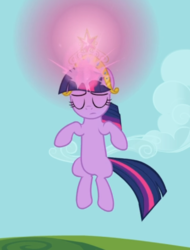 Size: 529x697 | Tagged: safe, screencap, twilight sparkle, pony, unicorn, g4, keep calm and flutter on, big crown thingy, cropped, element of magic, eyes closed, female, floating, glowing horn, horn, jewelry, light, mare, regalia, solo, unicorn twilight