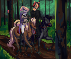 Size: 4096x3400 | Tagged: safe, artist:averageocporn, oc, oc:saint star, anthro, anthros riding horses, commission, forest, furry confusion, horses doing horse things, mud, riding