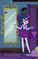 Size: 465x720 | Tagged: safe, screencap, sci-twi, spike, spike the regular dog, timber spruce, twilight sparkle, dog, equestria girls, g4, my little pony equestria girls: better together, star crossed, backpack, clothes, female, geode of telekinesis, glasses, legs, magical geodes, male, mirror, offscreen character, picture frame, ponytail, shoes, skirt, socks