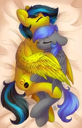 Size: 1795x2800 | Tagged: safe, artist:alphadesu, oc, oc only, oc:here after, pegasus, pony, duo, snuggling, wings