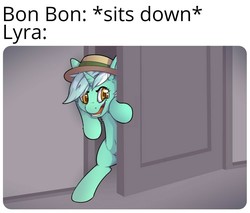 Size: 1101x939 | Tagged: safe, artist:senaelik, edit, lyra heartstrings, pony, unicorn, g4, bipedal, door, female, funny, hat, implied bon bon, jerry and the lion, l.u.l.s., mare, meme, sneaky tom, solo, tom and jerry