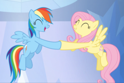 Size: 1393x938 | Tagged: safe, screencap, fluttershy, rainbow dash, pegasus, pony, g4, games ponies play, cropped, cute, dashabetes, eyes closed, female, flying, hoofbump, mare, open mouth, shyabetes, smiling