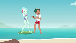 Size: 1280x720 | Tagged: safe, screencap, lyra heartstrings, timber spruce, equestria girls, g4, my little pony equestria girls: better together, turf war, barefoot, beach, bikini, clothes, cute, eyes closed, feet, female, legs, lifeguard, lifeguard timber, lyrabetes, male, midriff, ocean, out of context, shorts, surfboard, swimsuit, water