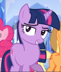 Size: 646x766 | Tagged: safe, screencap, applejack, pinkie pie, twilight sparkle, earth pony, pony, unicorn, g4, games ponies play, season 3, cropped, crystal empire cheer meme, female, lidded eyes, looking at you, mare, offscreen character, raised hoof, smiling, smirk, smug, solo focus, unicorn twilight