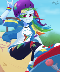 Size: 2500x3000 | Tagged: safe, artist:horsecat, rainbow dash, equestria girls, g4, my little pony equestria girls: better together, sic skateboard, athletic, beautiful, clothes, collar, collar shirt, converse, cute, dashabetes, devil horn (gesture), elbow pads, female, geode of super speed, helmet, high res, hoodie, knee pads, leggings, magical geodes, rainbow dash's shirt with a collar, seductive, seductive look, seductive pose, shirt, shirt with a collar, shoes, skate park, skateboard, skateboarding, smiling, smirk, sneakers, solo, sweater, teenager, tomboy, wristband