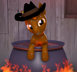 Size: 2296x2160 | Tagged: safe, artist:awgear, derpibooru exclusive, oc, oc:calamity, pegasus, pony, fallout equestria, 3d, black hat, brown coat, cauldron, cooked alive, cooking, fallout, fire, grin, hat, high res, implied cannibalism, looking at you, male, orange eyes, orange mane, person as food, smiling, source filmmaker, stallion, sweat, this will end in death, this will end in tears, this will end in tears and/or death