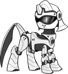 Size: 2198x2409 | Tagged: safe, artist:fimflamfilosophy, oc, oc only, pony, robot, robot pony, buck legacy, armor, black and white, card art, grayscale, high res, knight, monochrome, simple background, solo, transparent background