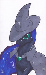 Size: 1504x2435 | Tagged: safe, artist:tunrae, princess luna, trixie, pony, g4, cape, clothes, cosplay, costume, dressup, ethereal mane, female, galaxy mane, hat, marker drawing, simple background, solo, traditional art