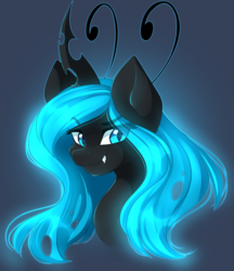 Size: 3840x4444 | Tagged: safe, artist:airiniblock, oc, oc only, oc:queen fylifa, changeling, changeling queen, rcf community, absurd resolution, blue changeling, changeling oc, changeling queen oc, commission, cute, cute little fangs, digital art, fangs, female, gradient background, looking at you, mare, smiling, smirk, solo