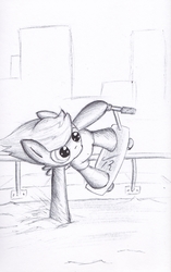 Size: 1524x2424 | Tagged: safe, artist:tunrae, scootaloo, pony, g4, ballpoint pen, female, filly, foal, scooter, simple background, sketch, solo, traditional art, water
