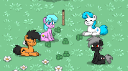 Size: 400x224 | Tagged: safe, oc, oc only, oc:tape quintus, earth pony, pegasus, pony, unicorn, pony town, animated, ball of violence, clover, fight, four leaf clover, grumpy, prone, sitting, smiling
