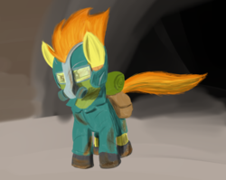 Size: 2346x1868 | Tagged: safe, artist:simplesaemple, spitfire, pony, g4, female, gas mask, helmet, mask, post-apocalyptic, solo