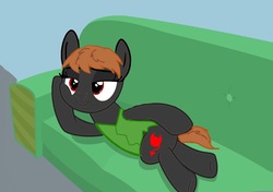 Size: 1024x720 | Tagged: safe, artist:volcanicdash, oc, oc:dreval, earth pony, pony, series:memebusters, clothes, hoof on cheek, lying down, relaxing, vest