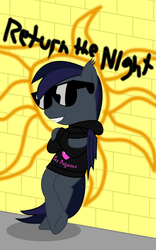 Size: 750x1200 | Tagged: safe, artist:totallynotabronyfim, oc, oc only, oc:cracked mirror, bat pony, pony, bat pony oc, clothes, cover art, fangs, female, graffiti, hoodie, smiling, solo, sunglasses