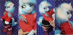 Size: 2500x1200 | Tagged: safe, artist:burgunzik, lyra heartstrings, anthro, g4, anthro plushie, clothes, female, irl, photo, pleated skirt, plushie, skirt, socks, solo, sweater, thigh highs